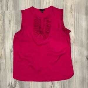 J. Crew 100% Silk Ruffle Neck Sleeveless Top Slit V Neck Hot Pink Size 12 Tall